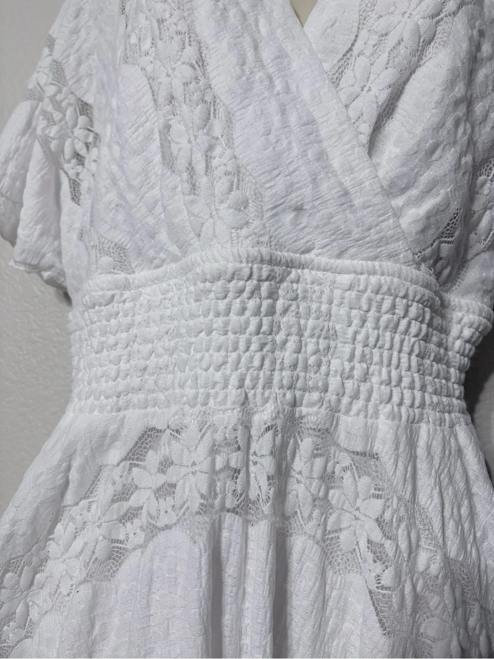 Rabbit White Lace Ethereal Boho Dress Handkerchief Hem Dolman Flutter Sleeves